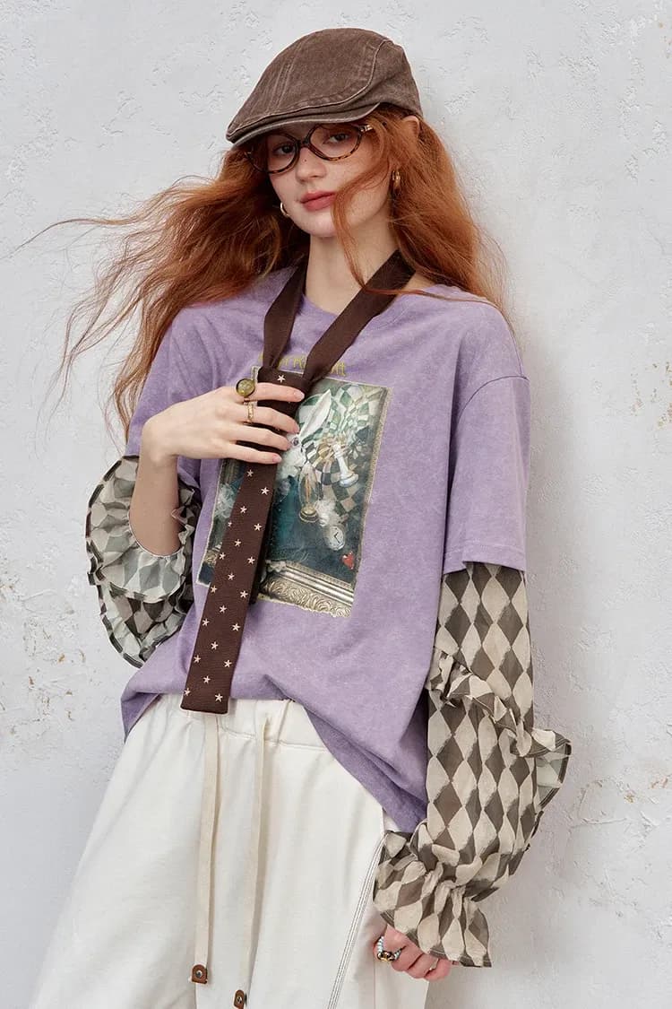 Haut romantique Y2K ELFSACK à manches volantées et effet faux deux-pièces