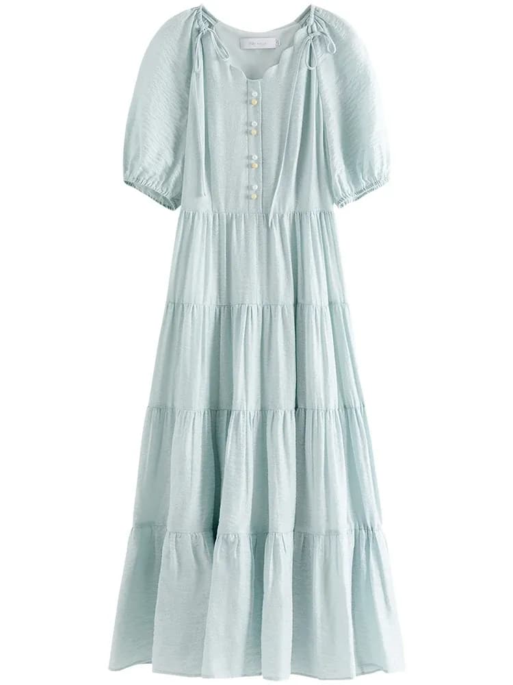 Robe trapèze bleu romantique à col V pour l’été