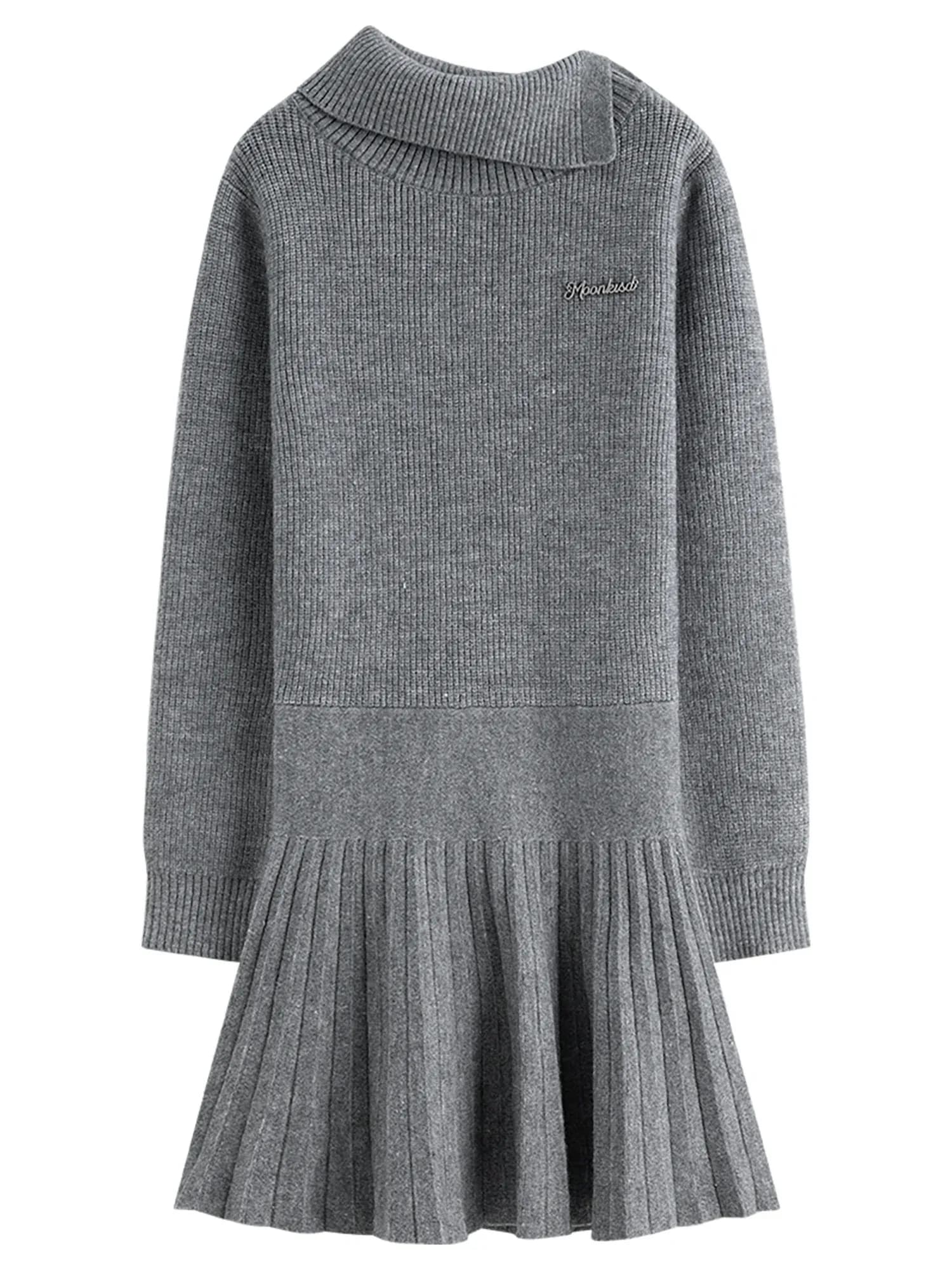 Robe trapèze en maille grise à col asymétrique