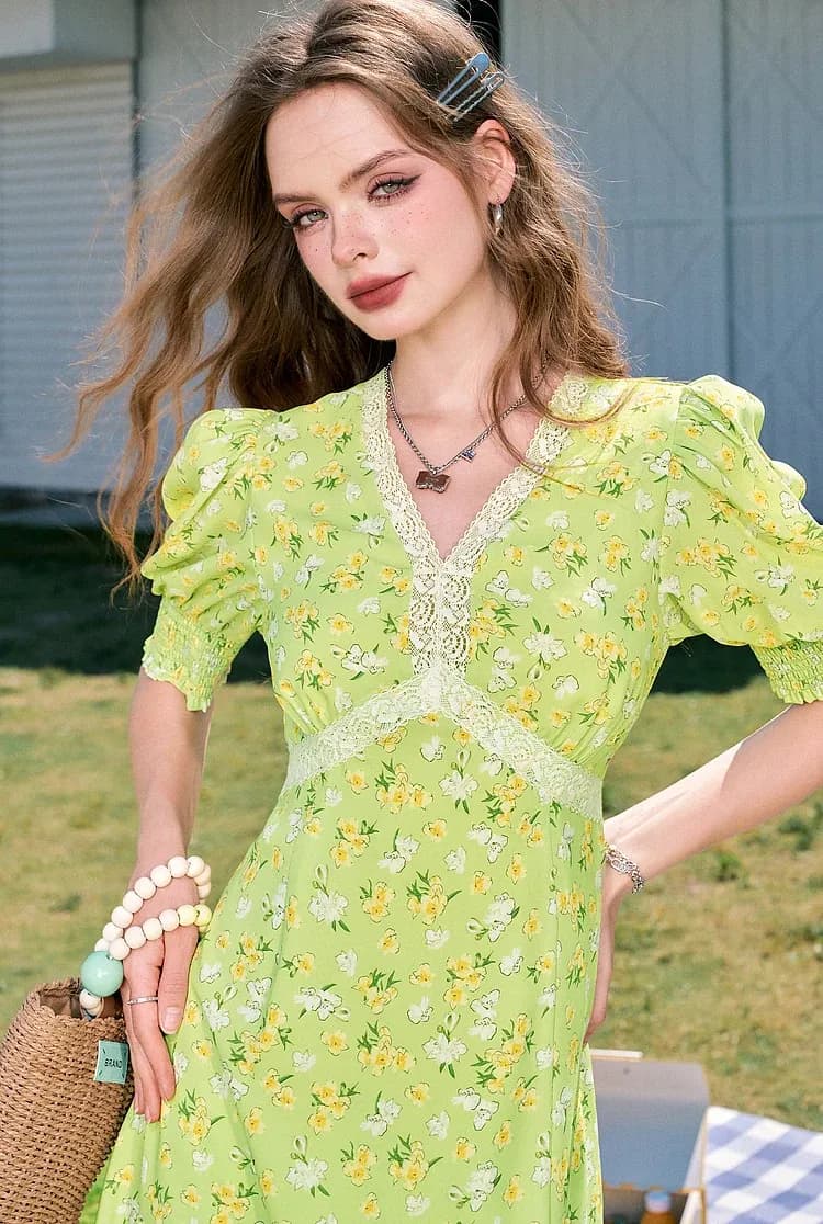 Robe midi en dentelle patchwork à col V pour femme RK