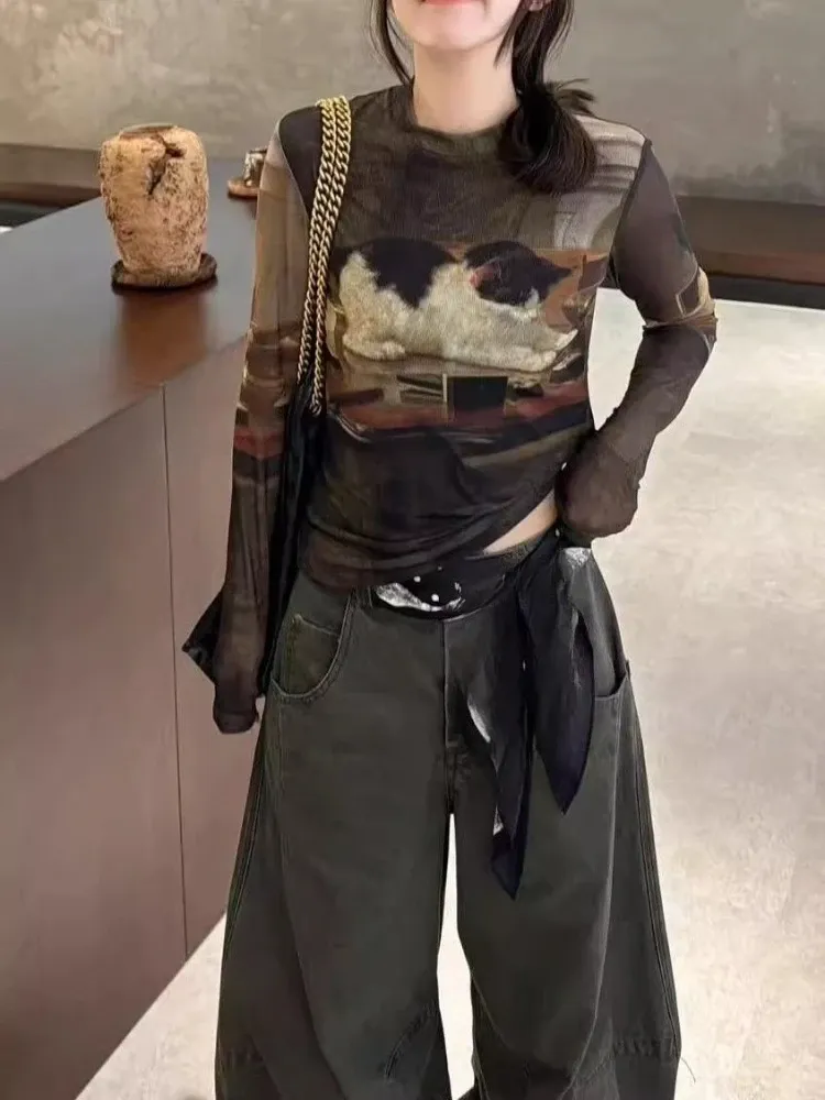 T-shirt court Y2K à chat vintage en maille légère