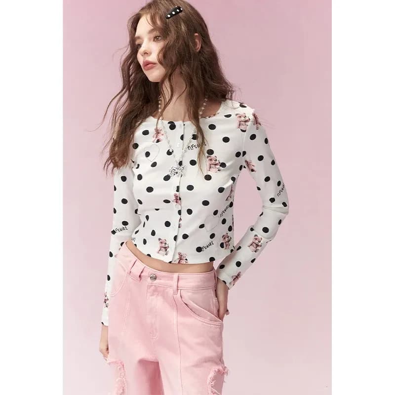 Cardigan à pois ELFSACK à imprimé ours, esprit kawaii