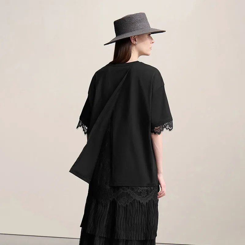 T-shirt ample AMII en coton à dentelle, col rond