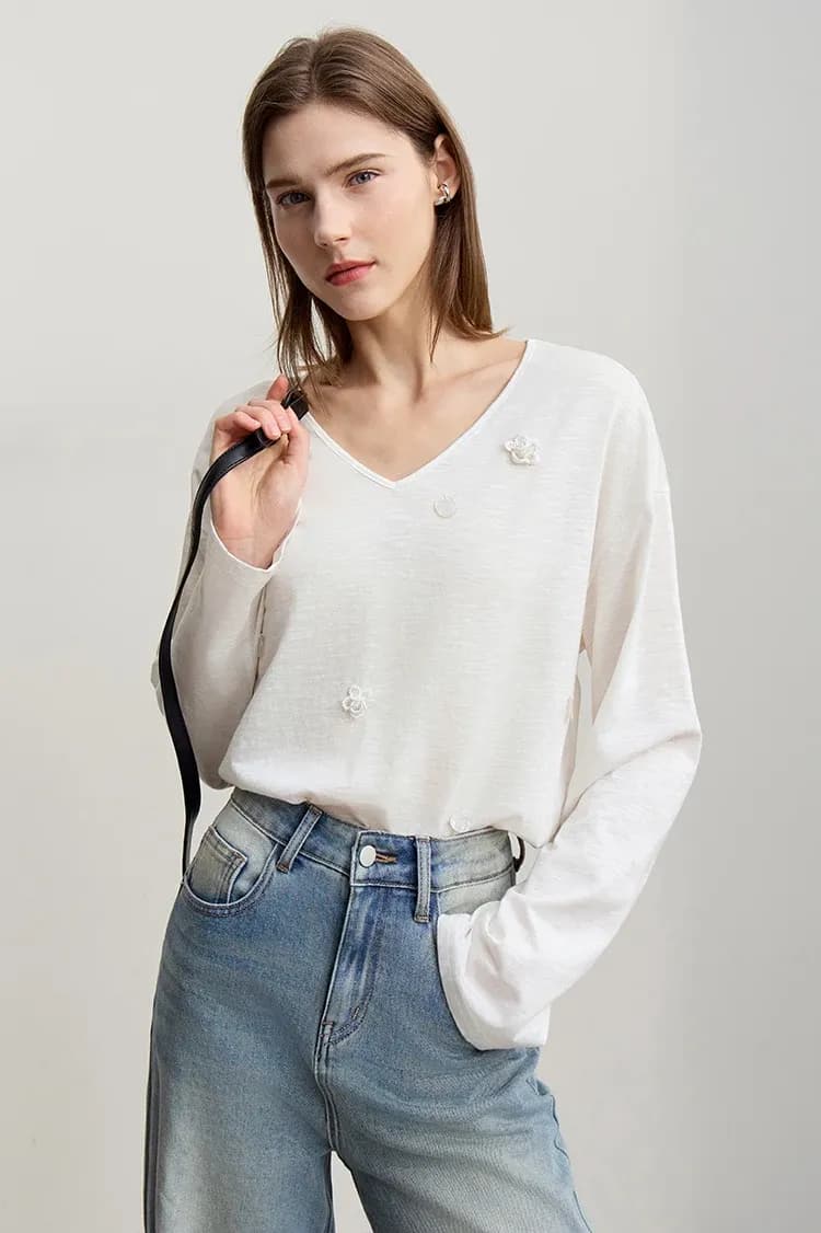 Haut AMII en maille coton col V à manches longues