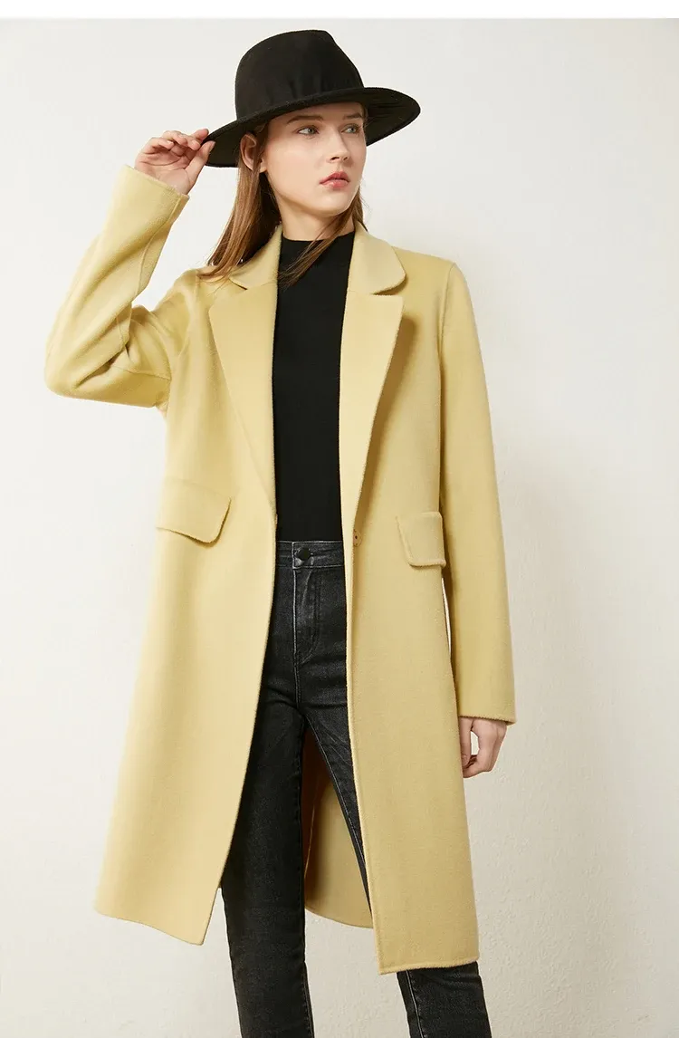 Manteau long en laine AMII à revers pour femme, esprit bureau