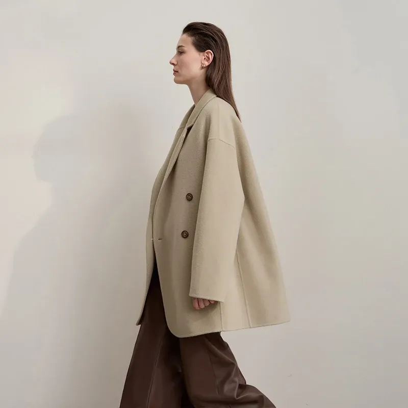 Manteau long en laine AMII à double boutonnage pour femme