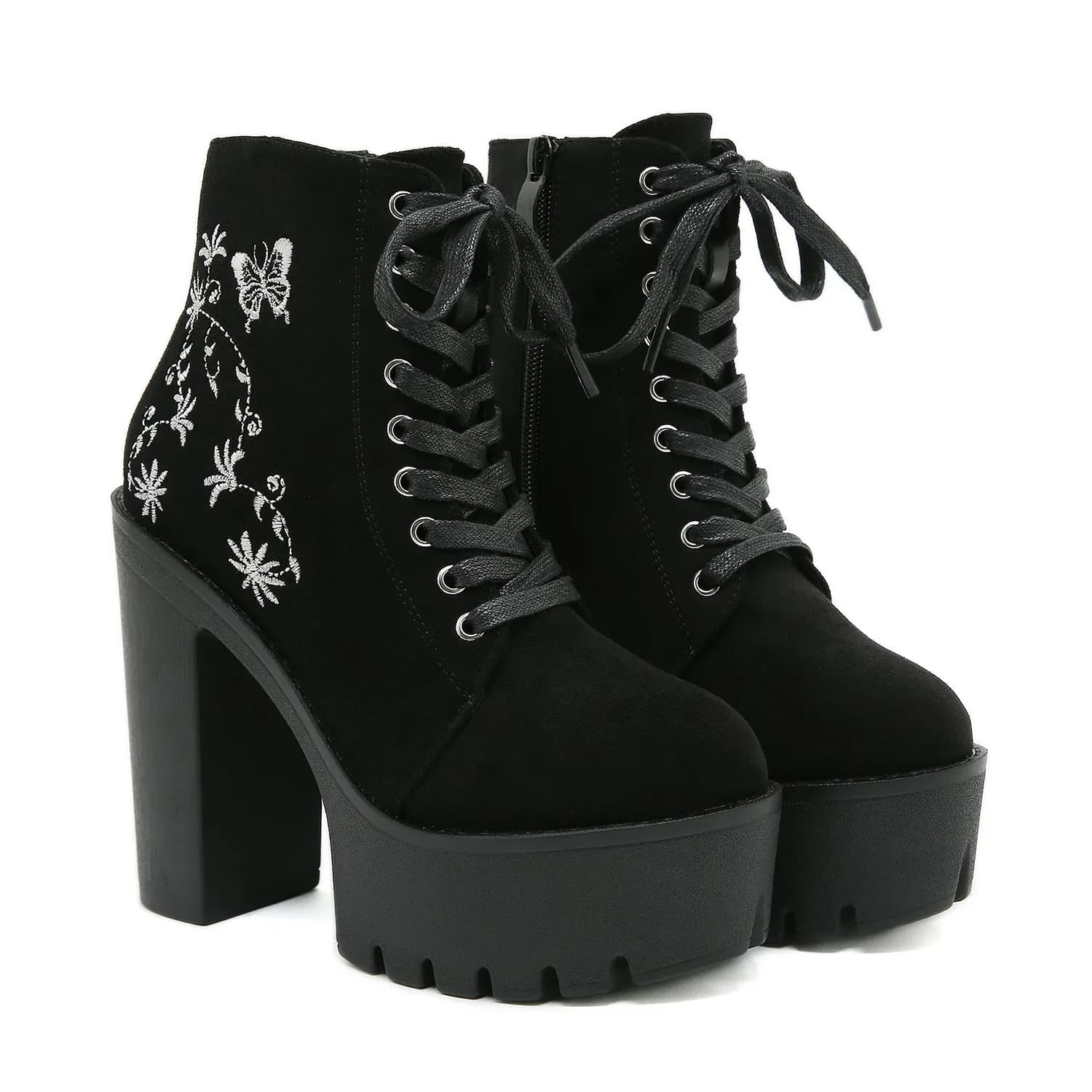Bottines gothiques brodées à plateforme et talon carré pour femme