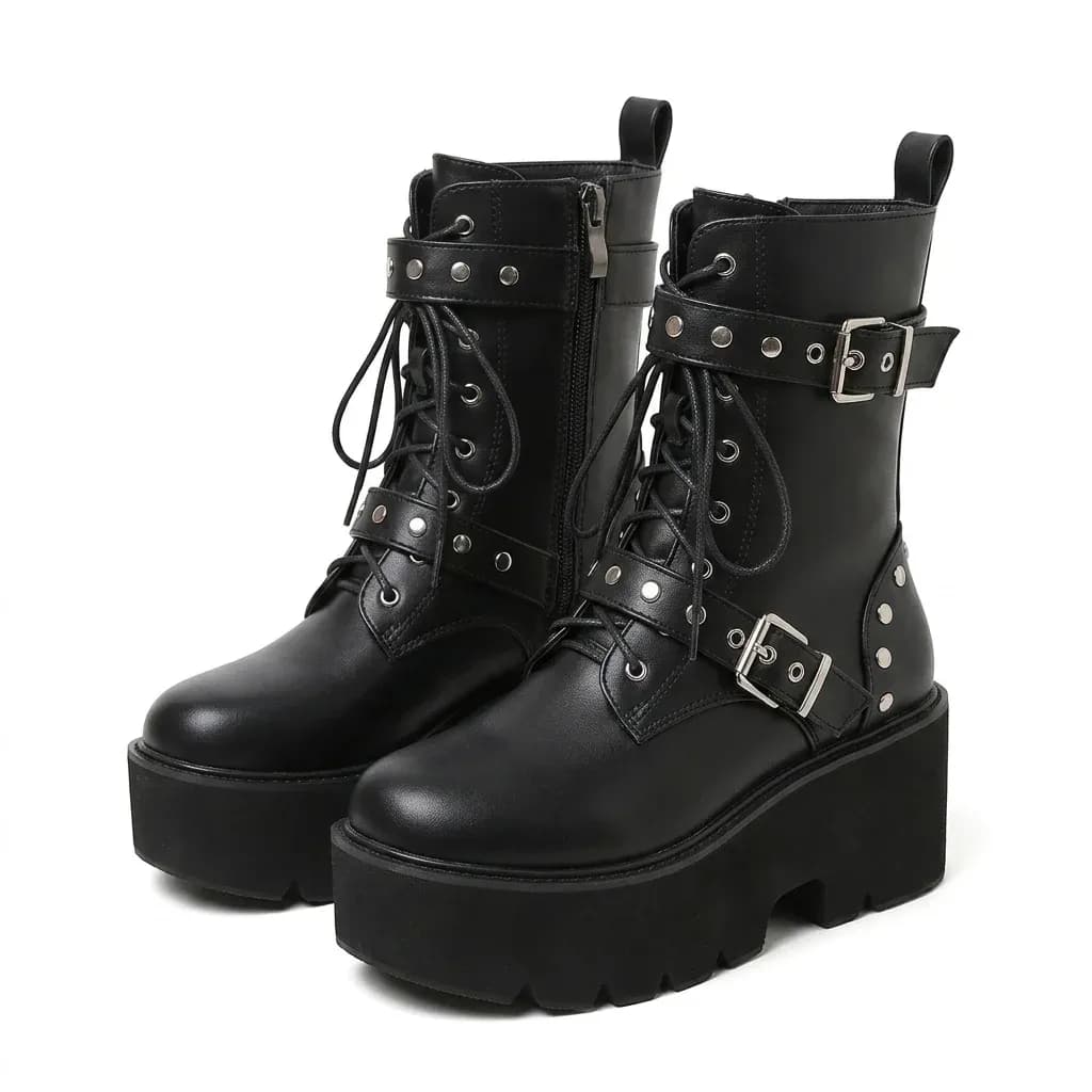 Bottines gothiques compensées noires à rivets