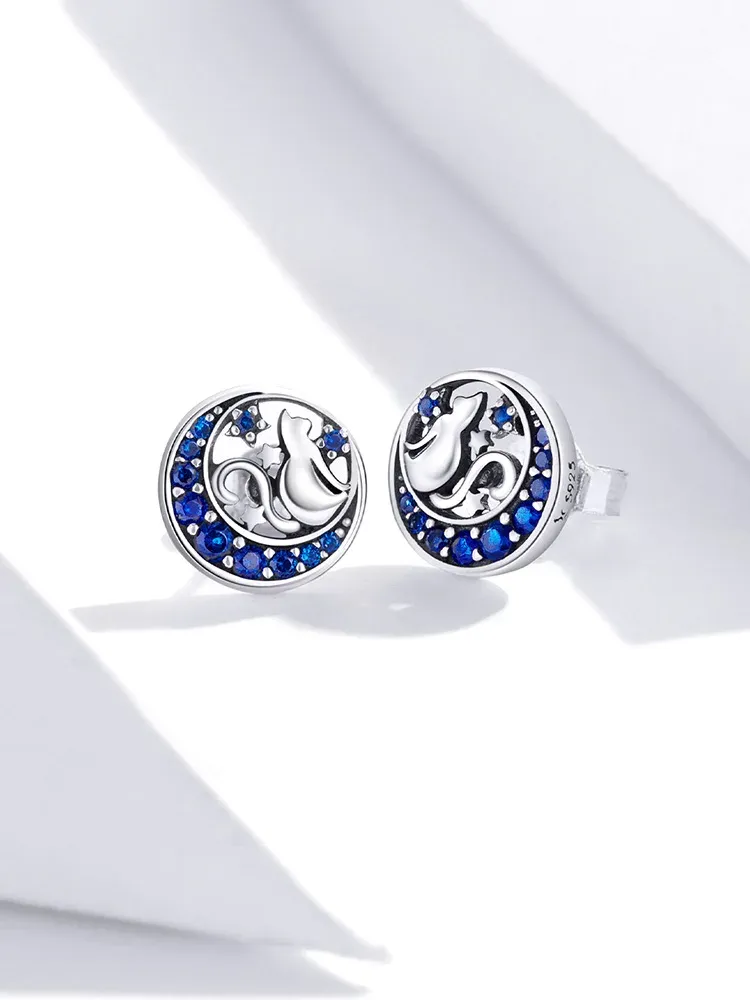 Boucles d’oreilles puces lune et chat en argent 925 Bamoer