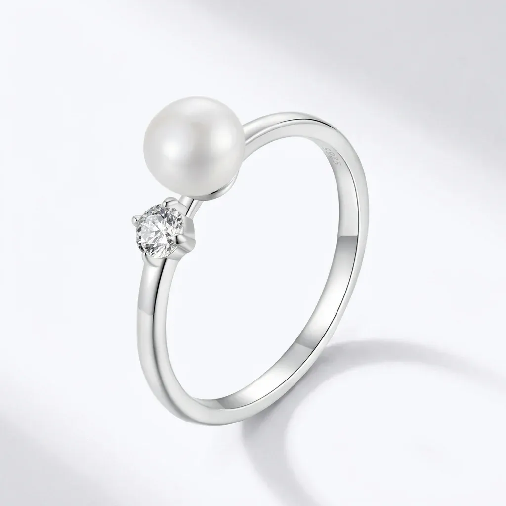 Bague fine Bamoer en argent 925 avec perle d’eau douce et moissanite certifiée
