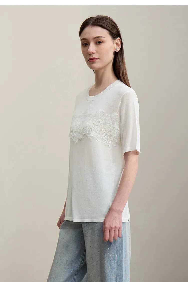 Pull en maille légère AMII à col rond et dentelle, coupe ample