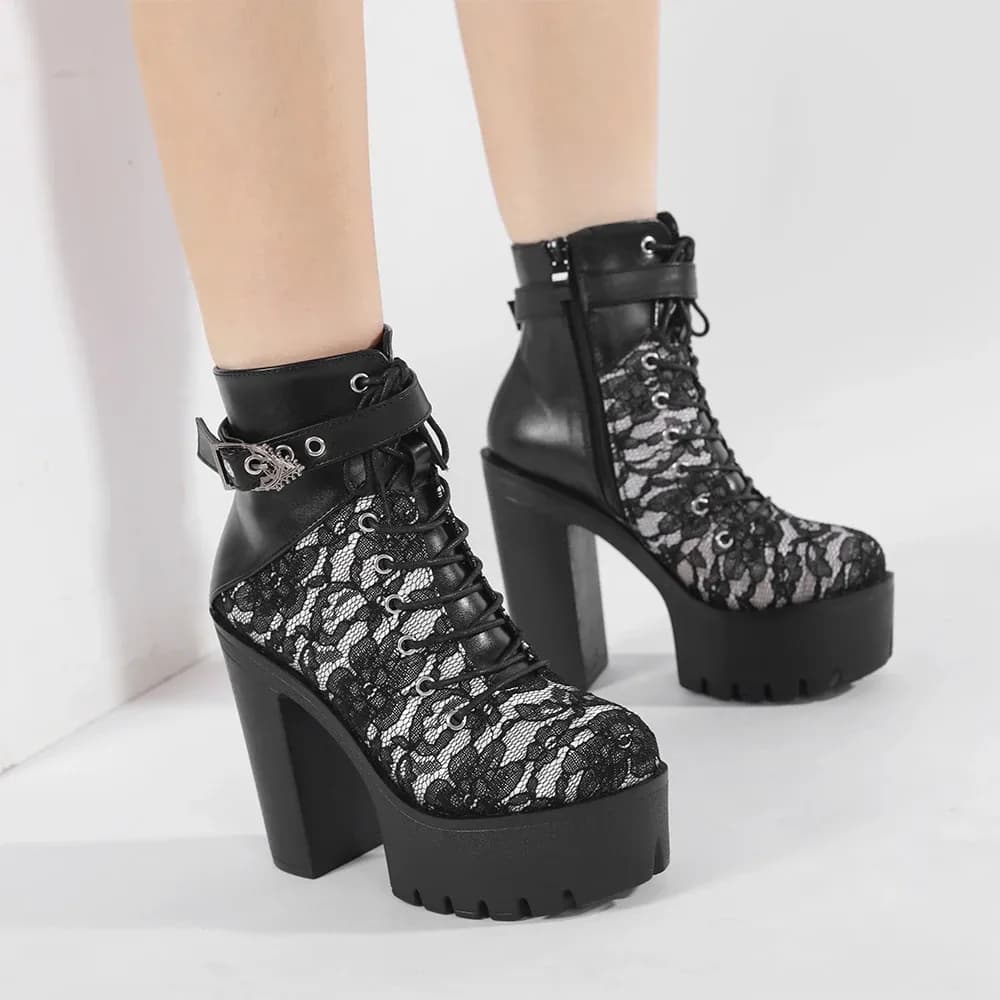 Bottines femme Gdgydh à plateforme, boucle et dentelle florale