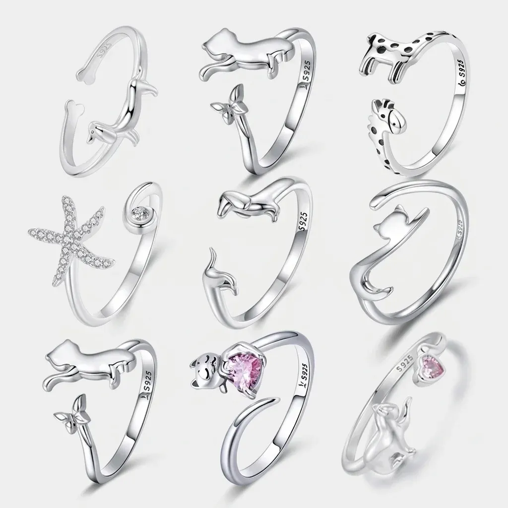Bague ouverte ajustable en argent 925 chat et chien Bamoer