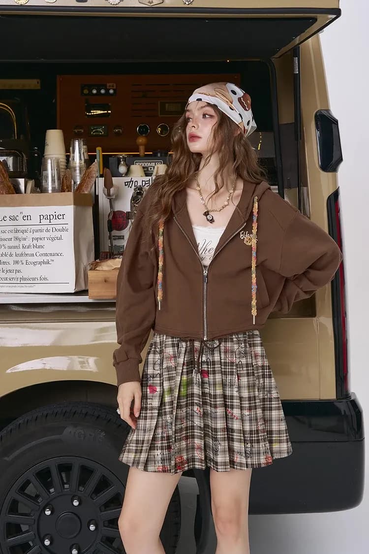 Cardigan zippé brodé à capuche ELFSACK, coupe courte oversize pour femme