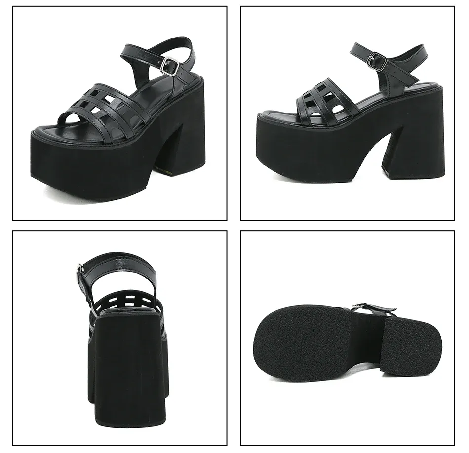 Gdgydh Sandales à plateforme pour femmes Goth évider bride à la cheville sandales à talons couleur unie bout ouvert chaussures de plage de marche décontractées