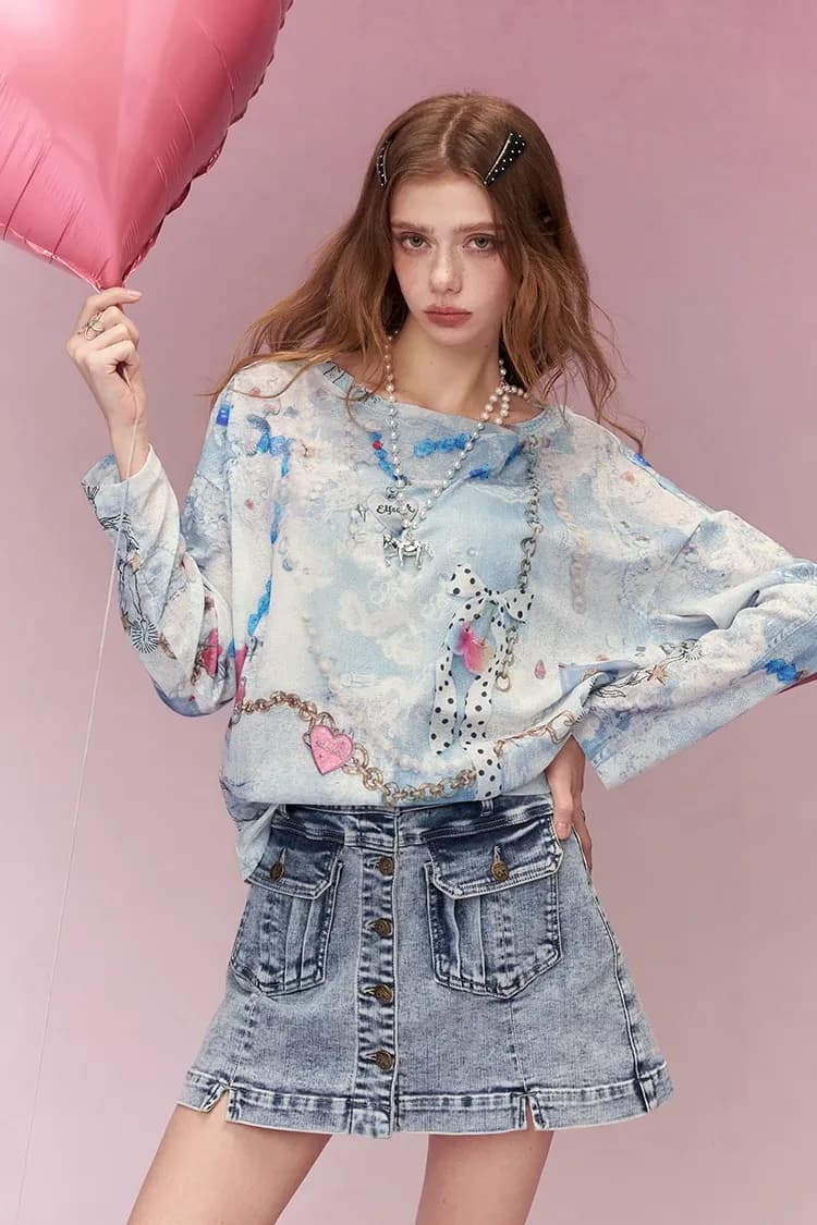 Haut graphique ELFSACK Y2K à manches longues et nœud