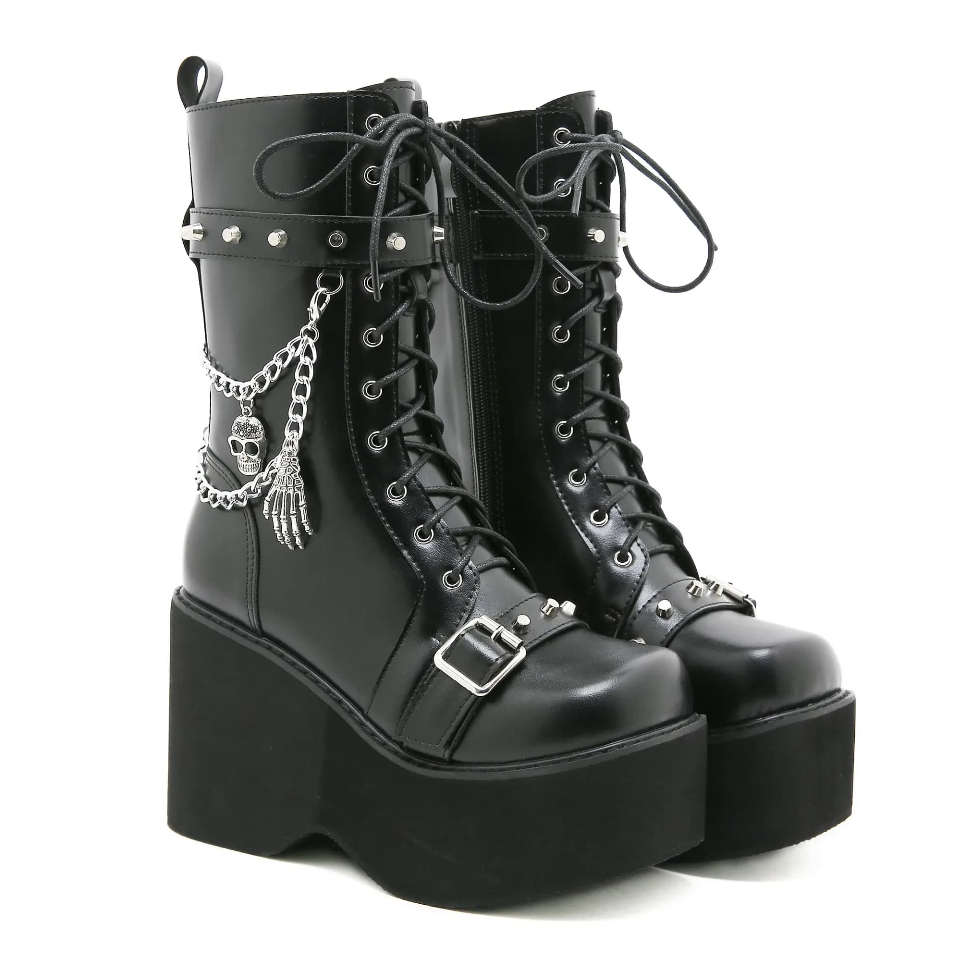 Bottes punk compensées à chaîne et crâne gothique pour femme