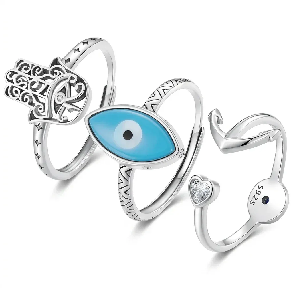 Bague ouverte argent 925 motifs symboliques