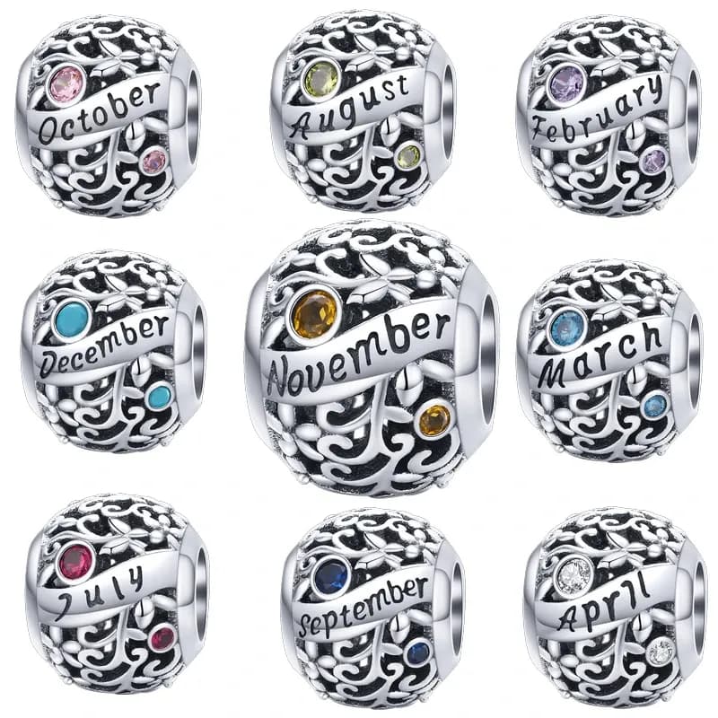 WOSTU – perles rondes en argent Sterling 925, pierres de naissance en Zircon, breloques de 12 mois, adaptées aux bracelets originaux, pendentif, bijoux, cadeau d'anniversaire