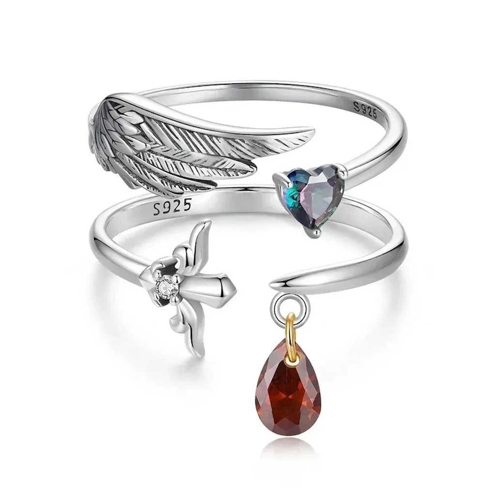 Bague ouverte vintage en argent 925 au motif aile et cœur