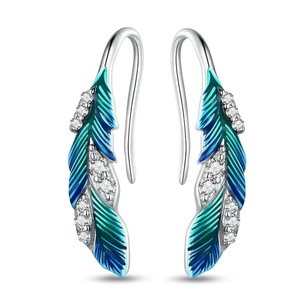 Boucles d’oreilles plume bleue WOSTU argent