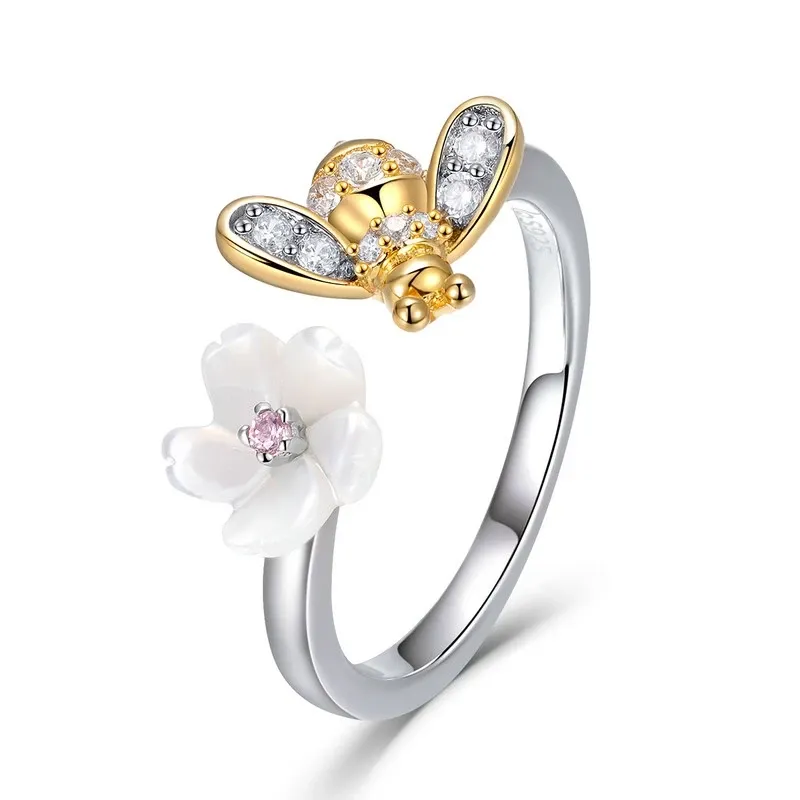 Bague en argent 925 motif abeille et fleur, ajustable