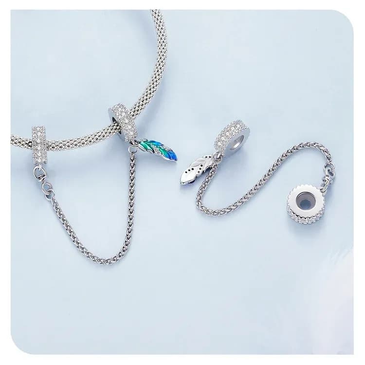 Chaîne de sécurité plume en argent 925 WOSTU émail bleu-vert