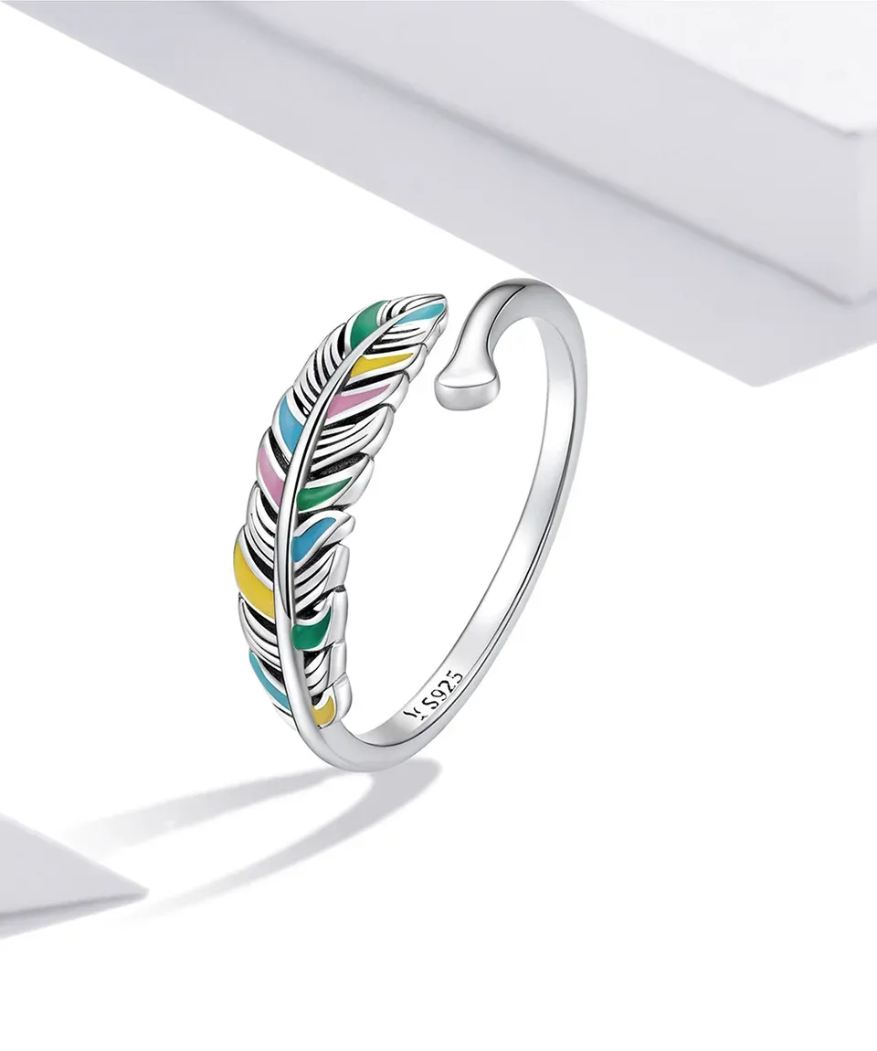 Bague plume vintage en argent 925 colorée