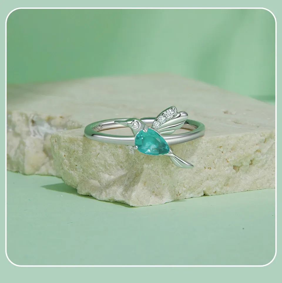 Bague ouverte colibri en argent 925 et zircon