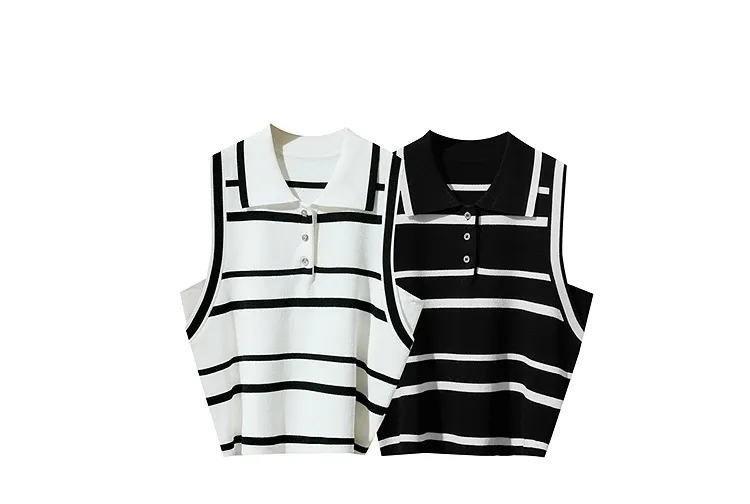 Haut en maille rayée sans manches AMII à col rabattu