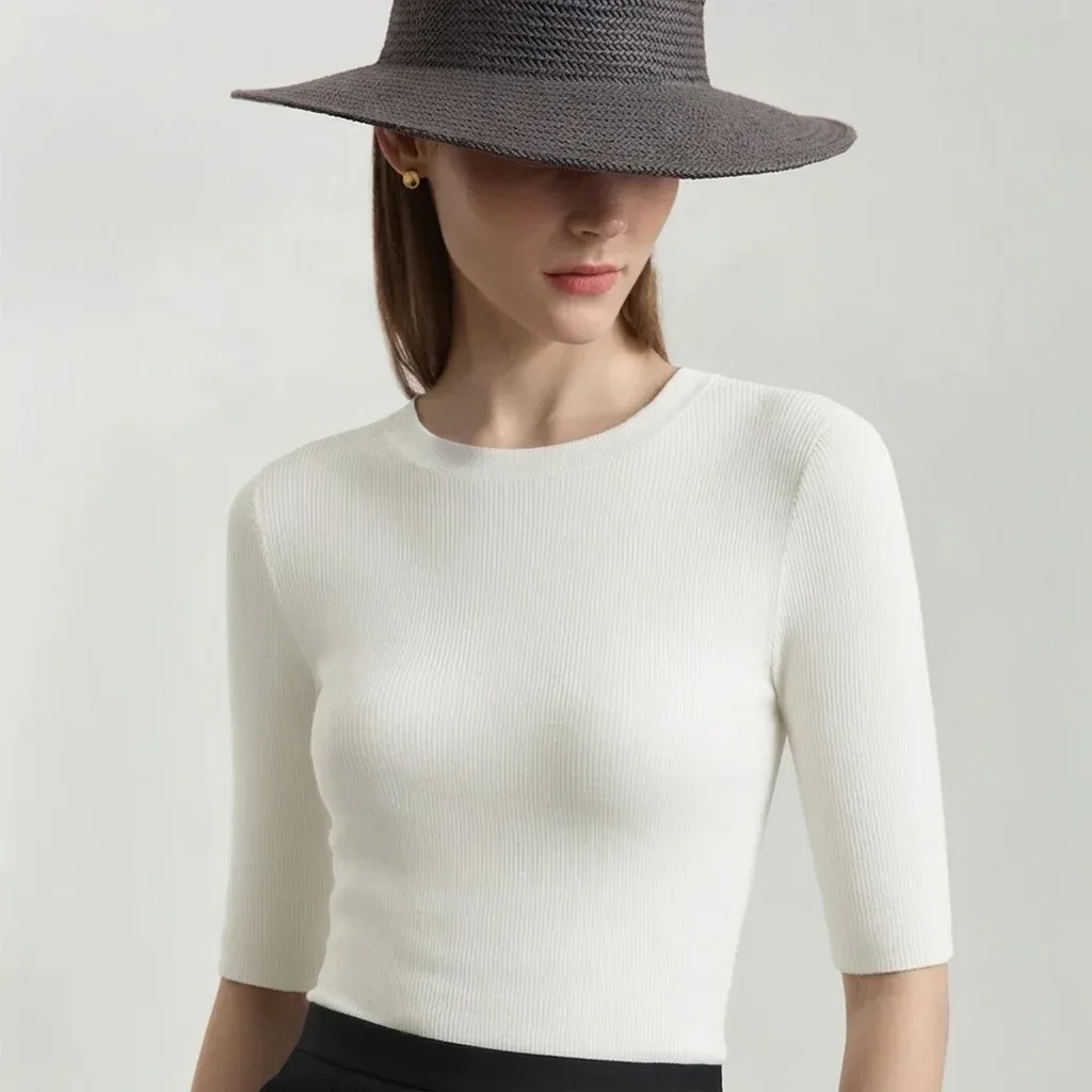 Pull femme blanc côtelé manches 3/4