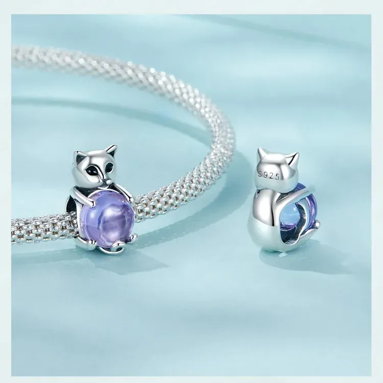 Breloque chat en argent 925 avec perle violette WOSTU