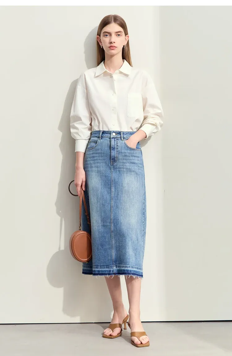 Jupe midi A-line AMII en denim brodé pour femme