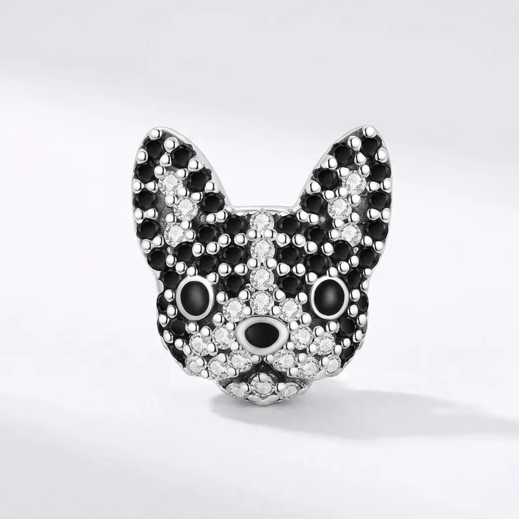 Breloque chien argent 925 pavée noir blanc