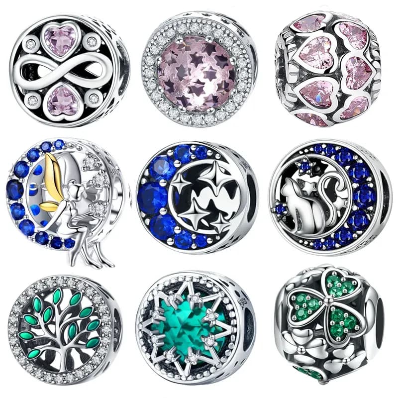 Breloque ronde en argent 925 bleu et rose avec zircons