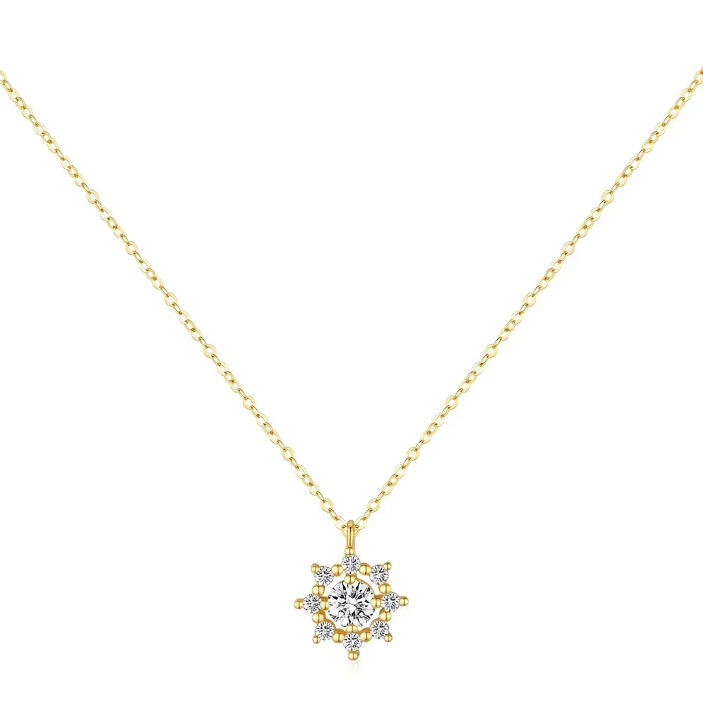 Collier flocon moissanite or sur fond blanc