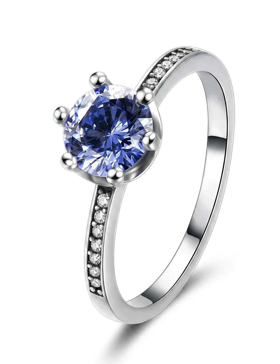 Bague couronne argent 925 zircon bleu