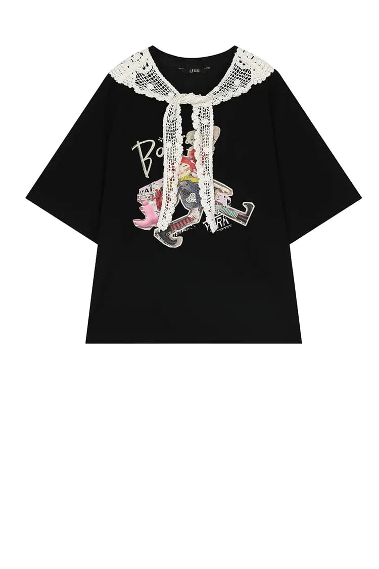 T-shirt ample ELFSACK à col rond, dentelle et motif cartoon