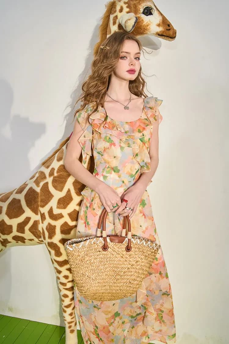 Robe midi fleurie ELFSACK à col noué et manches volantées