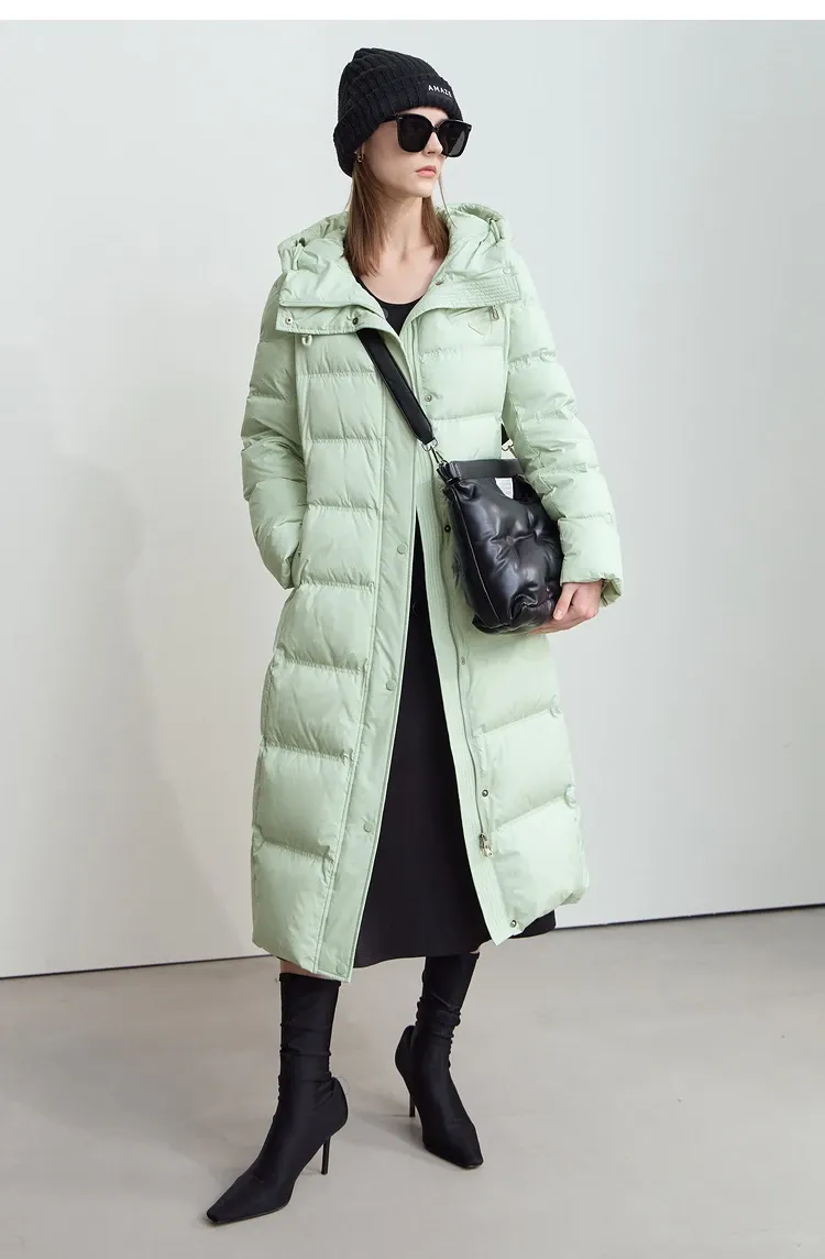 Doudoune longue AMII à capuche en duvet et effet cuir