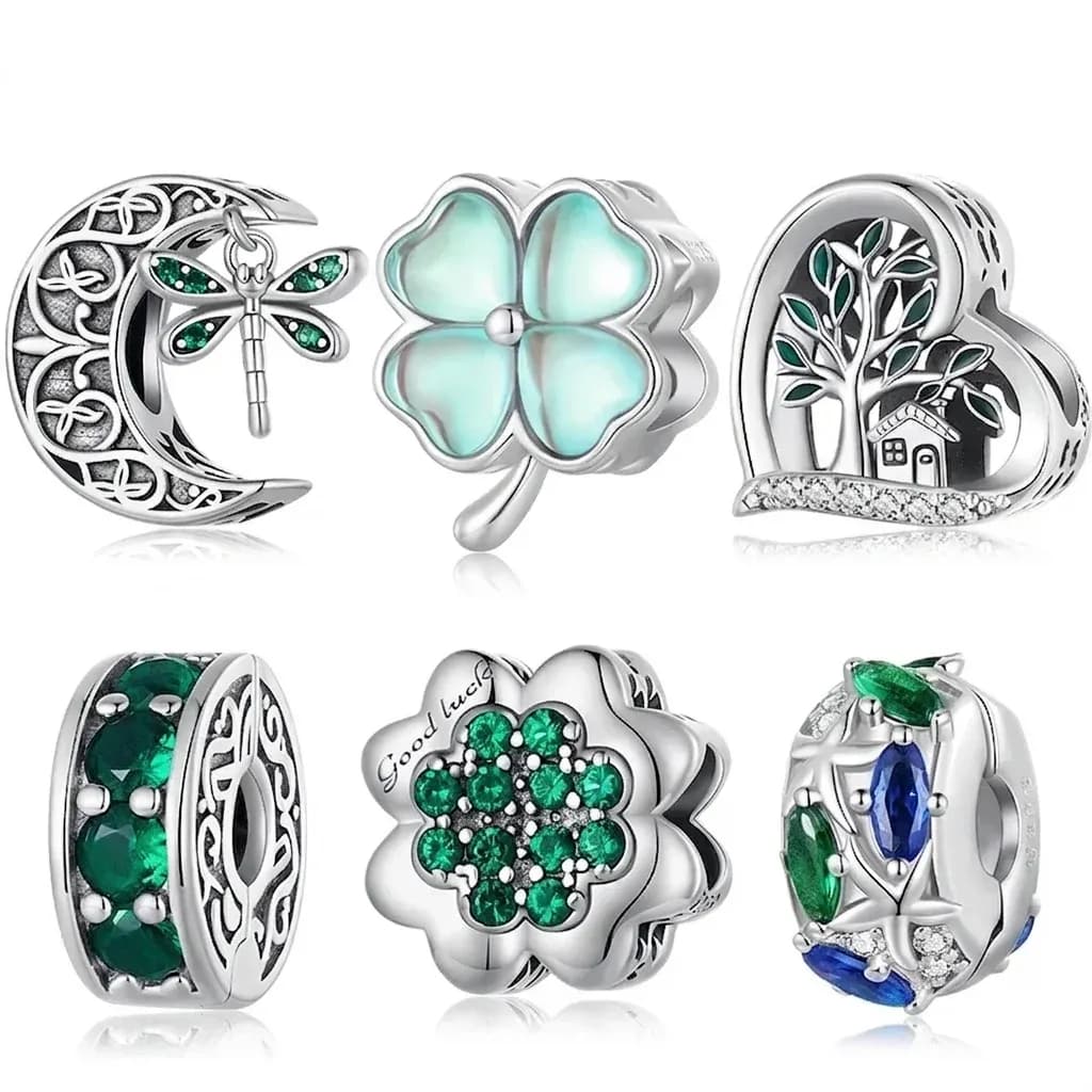 Breloques argent trèfle vert et libellule