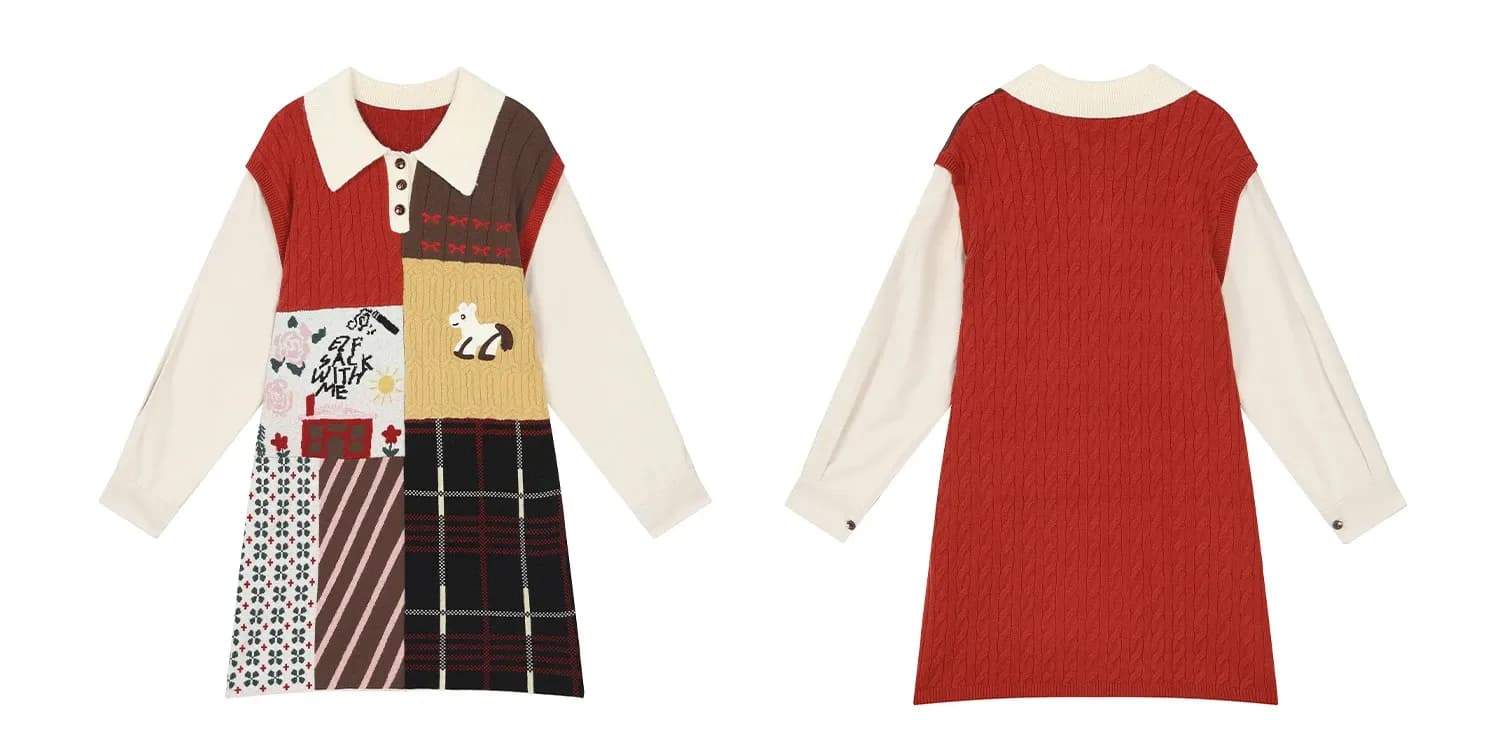 Robe en maille patchwork vintage ELFSACK à imprimé cheval et carreaux