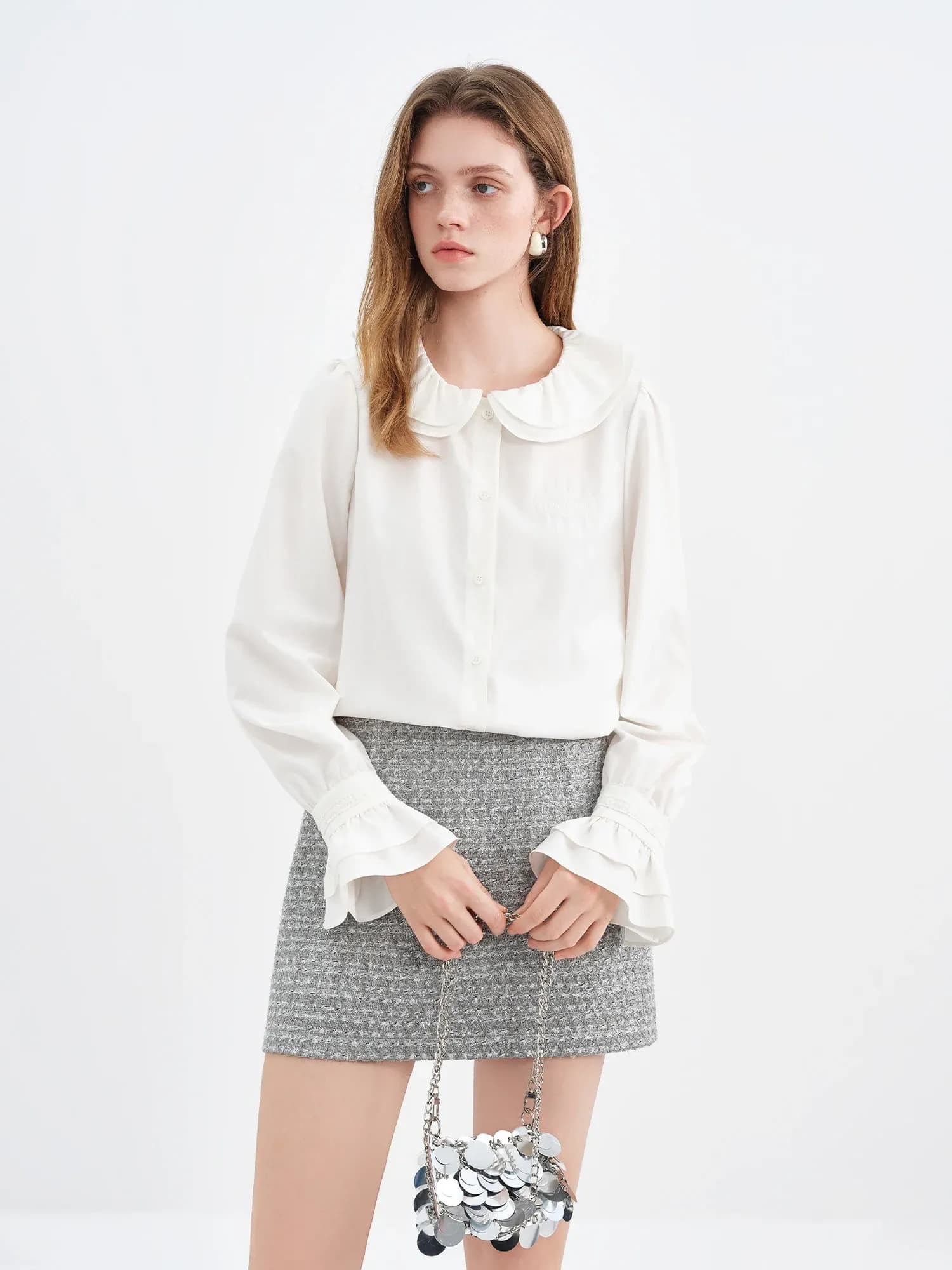 Chemisier brodé à col Claudine double épaisseur