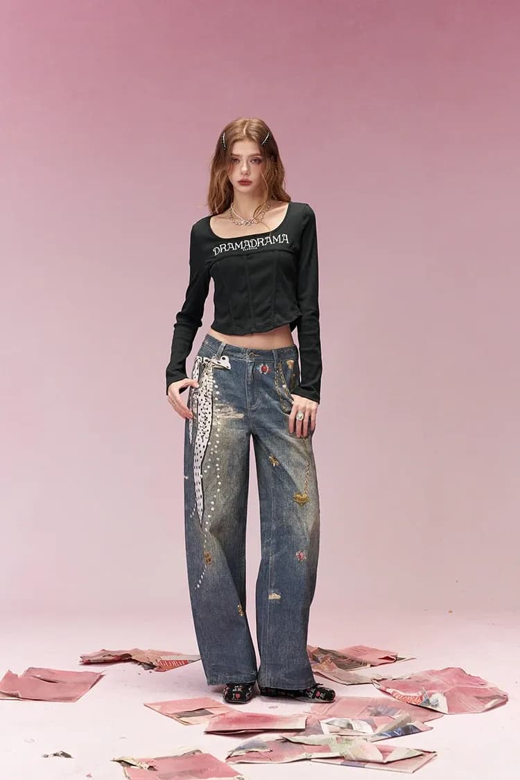 T-shirt court Y2K à manches longues et col carré ELFSACK