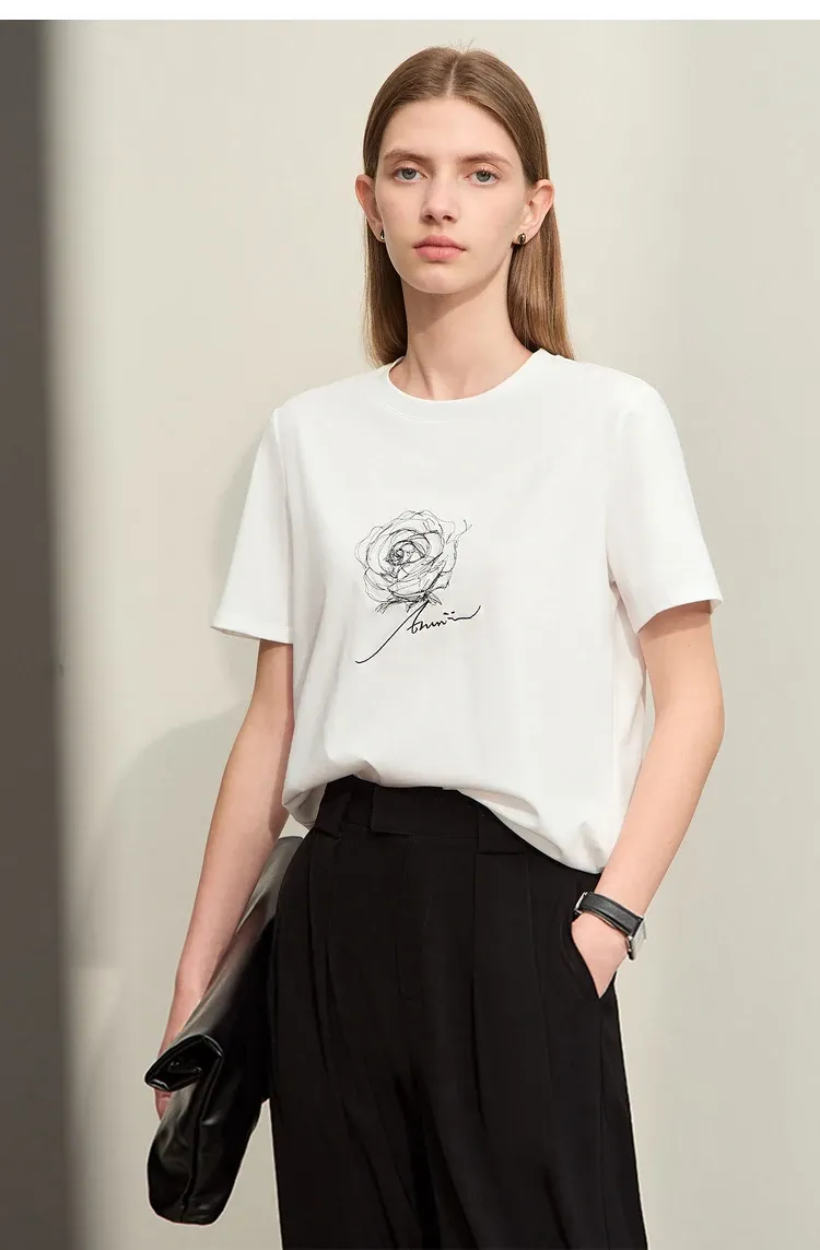 T-shirt femme AMII brodé à col rond, coupe ample été 2024