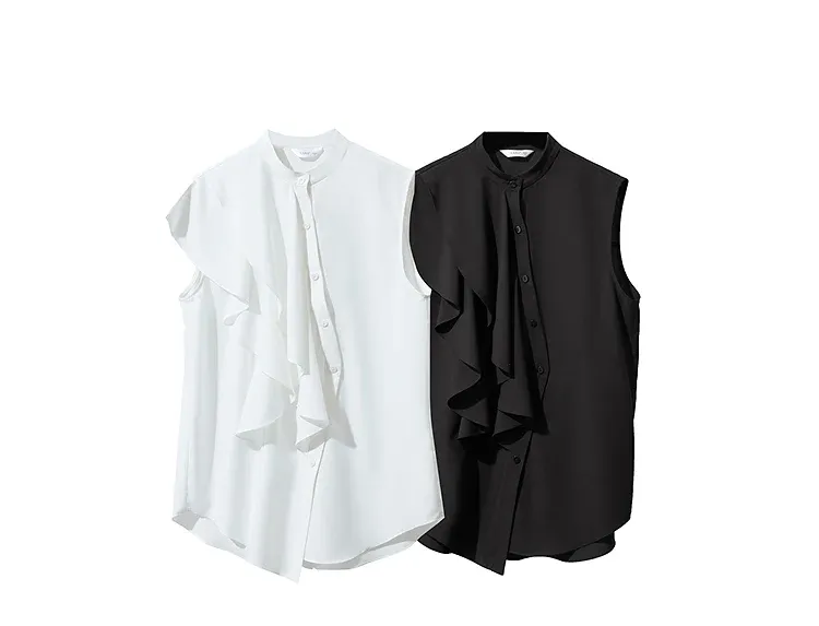 Blouse sans manches AMII à col montant et volants, esprit bureau été 2025