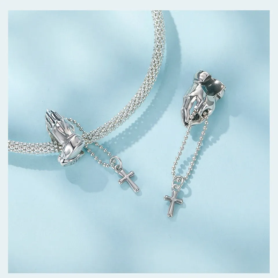 Breloque croix rétro en argent 925 avec cœur et prière