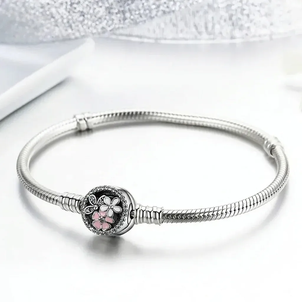 Bracelet jonc argent 925 floral rose