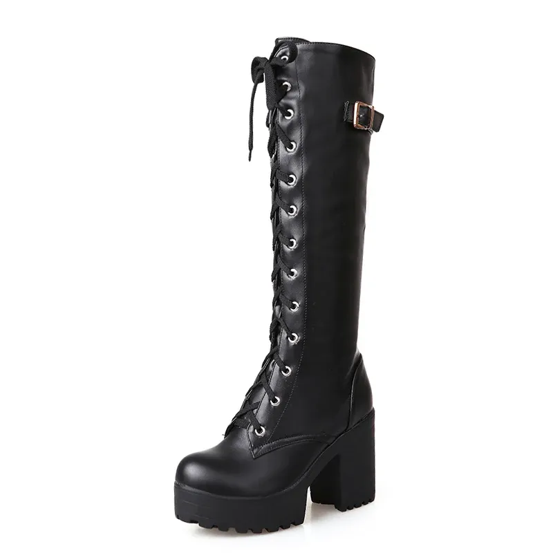 Bottes hautes à talon carré en PU blanc pour femme