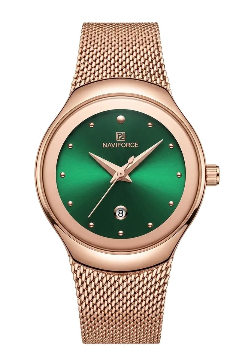 Montre NAVIFORCE femme verte en maille acier, quartz et date